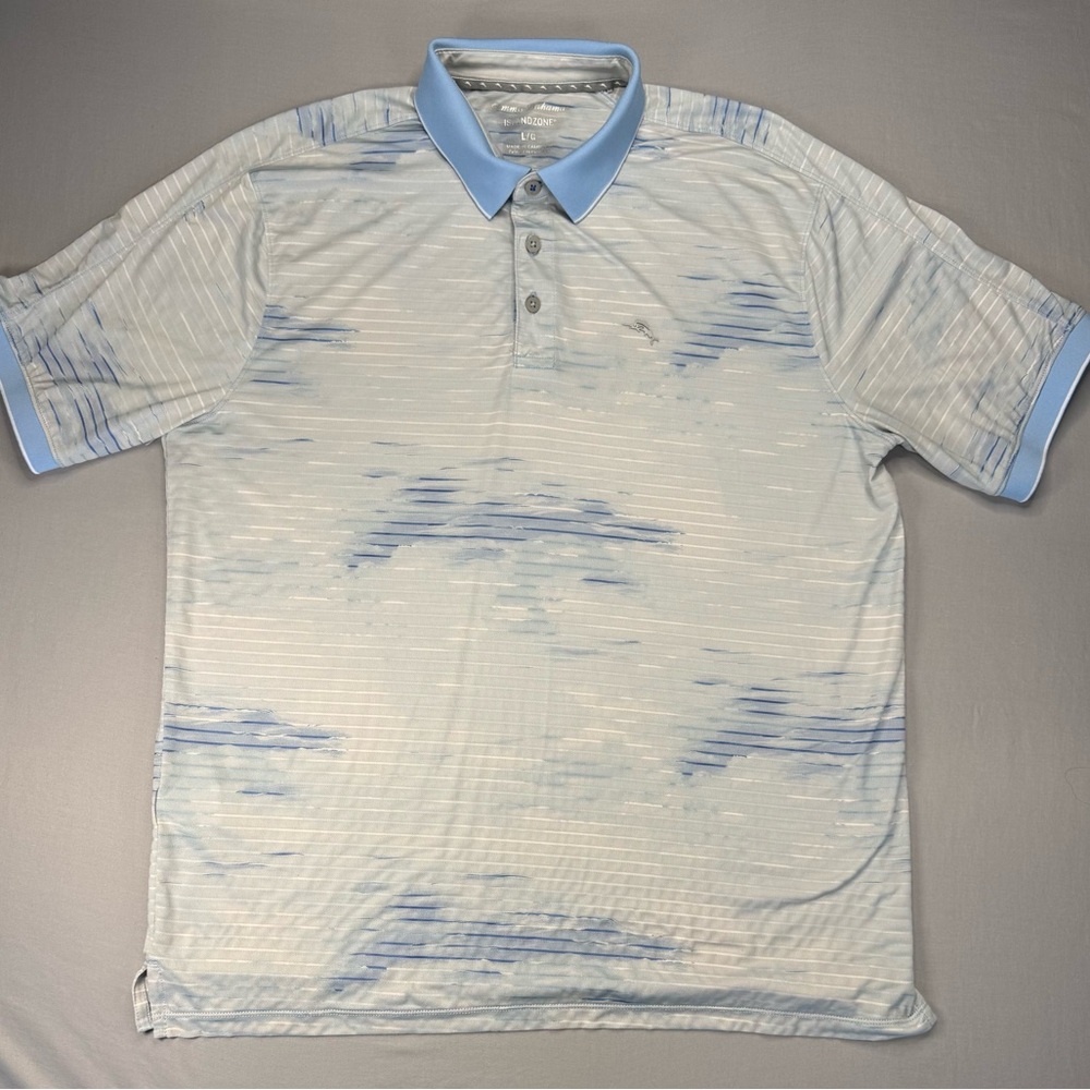 Tommy Bahama IslandZone Polo Shirt Mens Large Blue White Performance Golf Polo